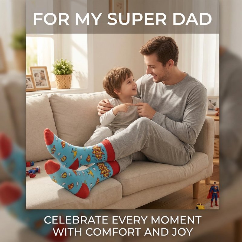 Super Dad Socks, Funny Dad Socks Gift for Father’s Day, Novelty Cotton Dress Socks for Men, Seamless Toe Breathable Crazy Socks for Dad Husband Grandpa, Size 8-12