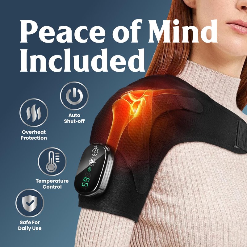 ShoulderRestore Shoulder Heating Pad with Massager - Cordless Heated Compression Support Brace with Vibration Massage - Rechargeable Electric Massaging Heat Wrap - Adjustable Fit for Men and Women