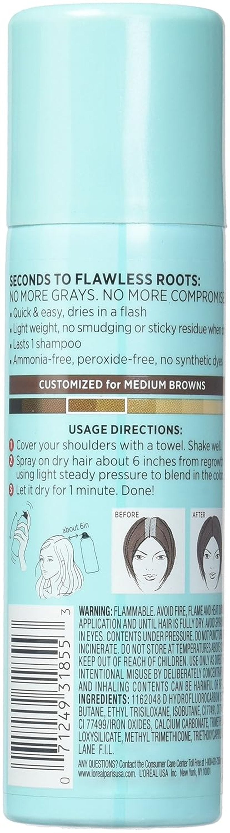 L'Oreal Paris Hair Color Root Cover Up Spray - Temporary Gray Concealer, Light to Medium Brown, 2 Oz