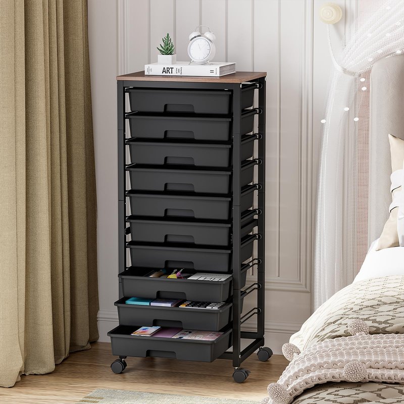 SYKIARIOL Rolling Cart with Drawers,10 Drawer Rolling Cart,Storage Cart,Utility Cart,Teacher Cart for Classroom Storage,Craft Cart with Wheels and Wooden Tabletop,Black