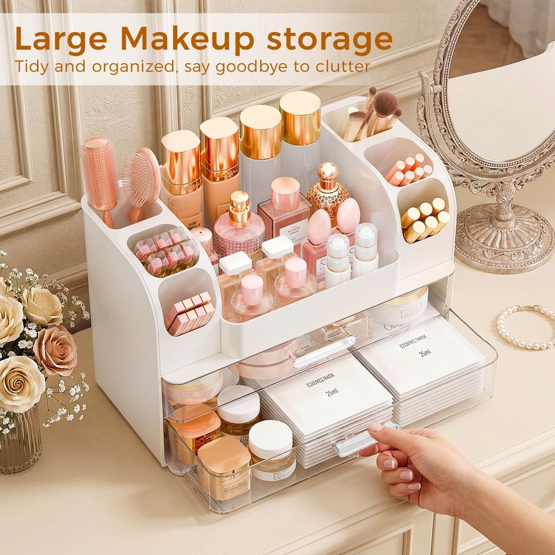 Makeup Organizer for Vanity with Drawers, Large Countertop Makeup Organizer - Skincare Storage, Brush Holder, Perfume & Cosmetics Display Case (White)
