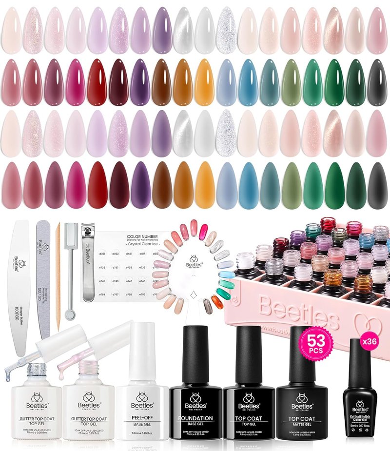 Beetles Jelly Gel Nail Polish Set, 53PCS 36 Colors Jelly Pink Milky White Red Black Blue Green Silver Cat Eye Base Glitter Glossy Matte Top Coat Crystal Ice Collection French Nails Gift for Women