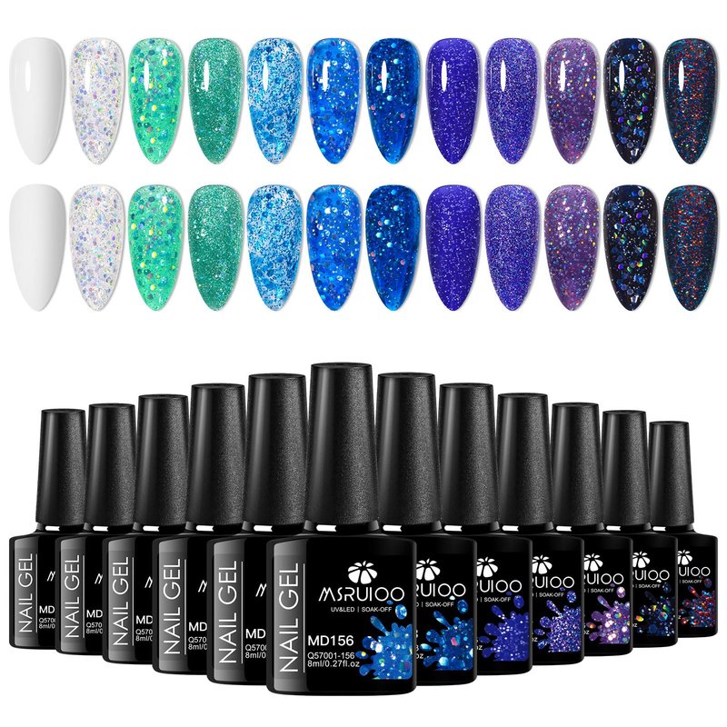 MSRUIOO 12Pcs Glitter Gel Nail Polish Set Purple Blue Glitter Aquarius Holy Water Collection Gel Polish Kit UV Nail Art Design Set DIY Manicure Gifts for Women