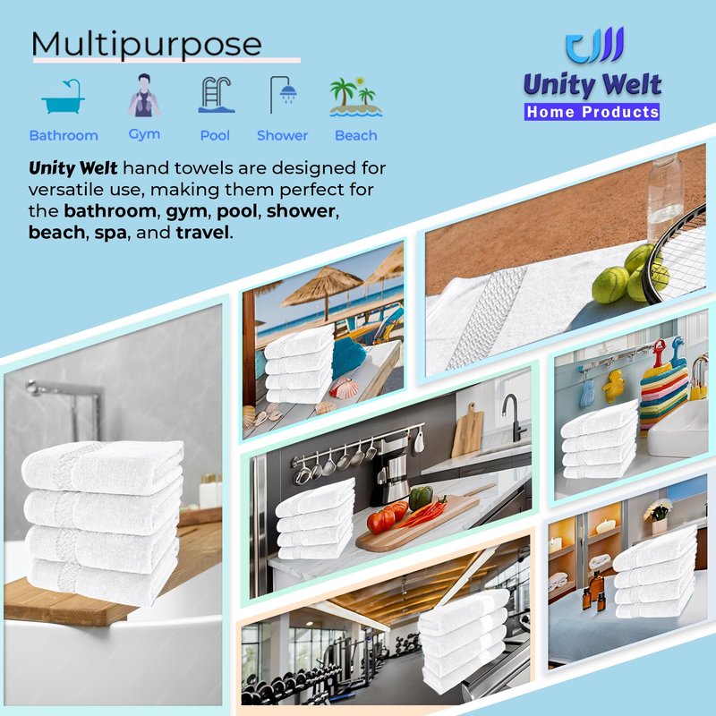 Unity Welt 100% Cotton Hand & Face Towels - Pack of 4, Size 28 x16 inch (70x40 cm), 600 GSM, Soft, Absorbent & Multipurpose for Gym, Spa, or Everyday Use (White)