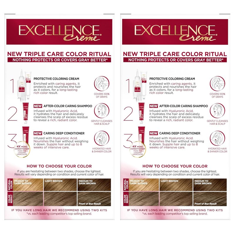 L'Oreal Paris Hair Dye - Excellence Crème Permanent Color with Hyaluronic Acid for 100% Gray Coverage | 6A Light Ash Brown, 2 Kits
