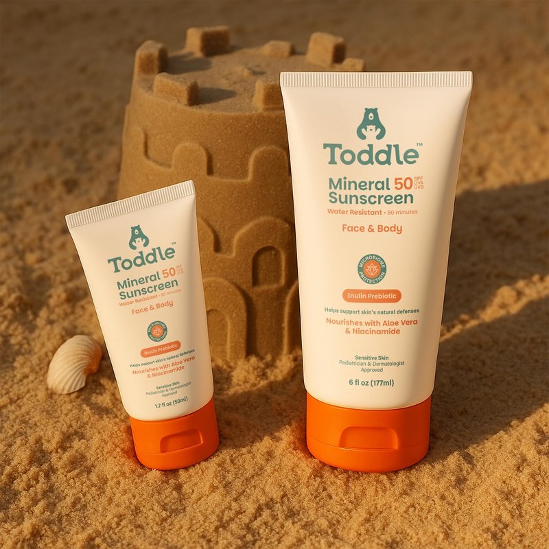 Toddle Prebiotic Mineral Sunscreen SPF 50 for Kids & Baby, Face & Body Sun Protection, Reef Safe, Non-Toxic Zinc Oxide Broad Spectrum, Water-Resistant, No White Cast, 6oz