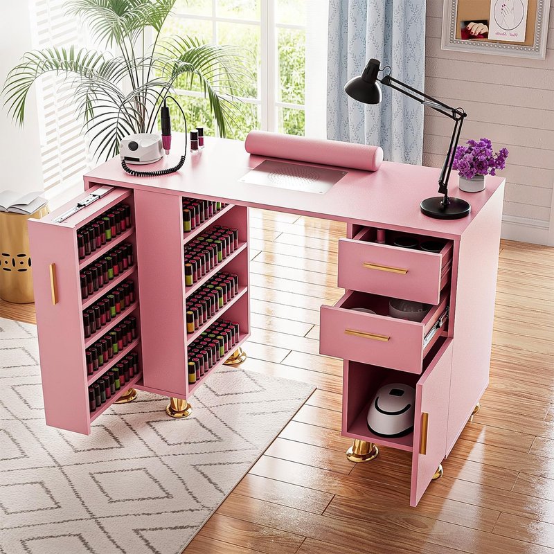 Manicure Table with Dust Collector, Modern Nail Station Nail Desk for Nail Tech with Wrist Rest, Storage Drawer & Cabinet, Beauty Salon Workstation, Pink
