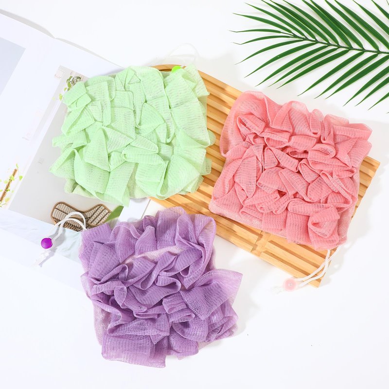 Hadnves 3 Pack Loofah Washcloth Combo 2-in-1 Wash Loofah Cloth for Bar Soap Pocket Reusable Drawstring Mesh Shower Sponge Ball for Body Wash & Smooth Skin (Purple Green Pink)