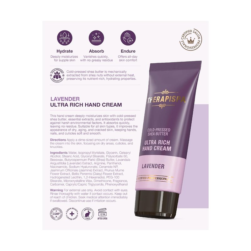 Ultra Rich Hand Cream - Intensive Hydration & Repair for Dry Hands | Shea Butter, Ceramides, Niacinamide, Lavender, 2 oz