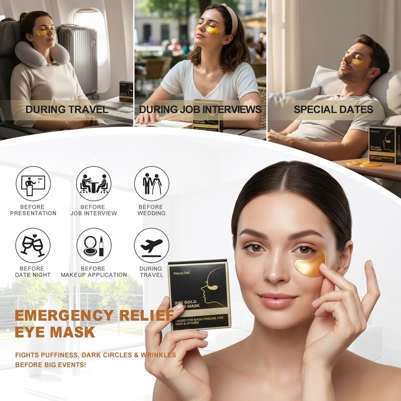 24K Gold Under Eye Patches - Rejuvenate Dark Circles & Puffiness with Collagen & Hyaluronic Acid - 20 Pairs