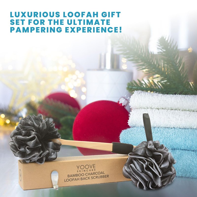 Bamboo Charcoal Infused Back Scrubber - Loofah with Handle | Exfoliating Shower Loofah for Men & Women - Features 1 Loofah on a Stick, 1 Loofa Pouf; Includes Hook (Black)