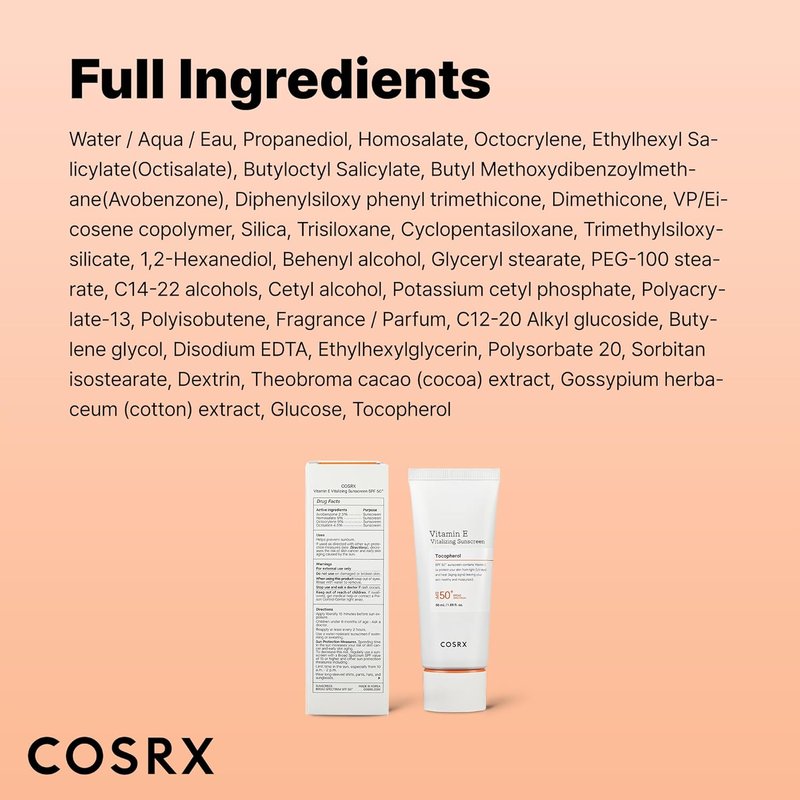 COSRX Vitamin E Sunscreen SPF 50 - Lightweight, Non-Sticky Formula for Oily Skin | Hydrating, Natural Glow, 1.69 fl oz