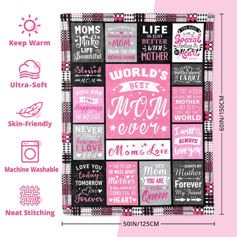 PVDSAVE Moms Birthday Gifts from Daughter Son - Blanket Gifts for Mom - World's Best Mom Ever Gifts - Christmas Valentines Day Mothers Day Birthday Present for Moms - Mother Life Blanket 50"x60"