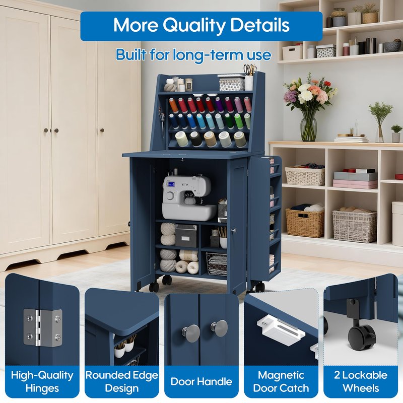 Foldable Sewing Cabinet with Power Outlet, Rolling Sewing Table with Storage and Lockable Wheels, Portable Folding Craft Table with Side Thread & Tool Storage for Quilting & Home Sewing (Blue)