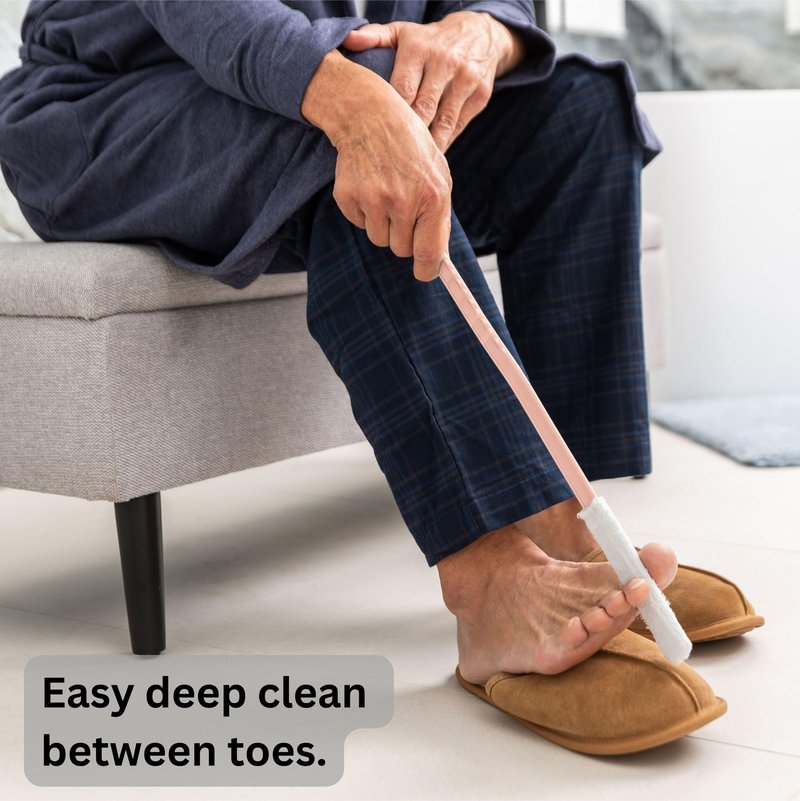 Burlingham's Toe and Foot Towel Brush with Reusable Drying Covers Long 17” Handle for Cleaning Between Toes, Soft Skin Exfoliation,for Seniors, Adults, Kids (Pink Toe Towel Brush + 3 Covers)