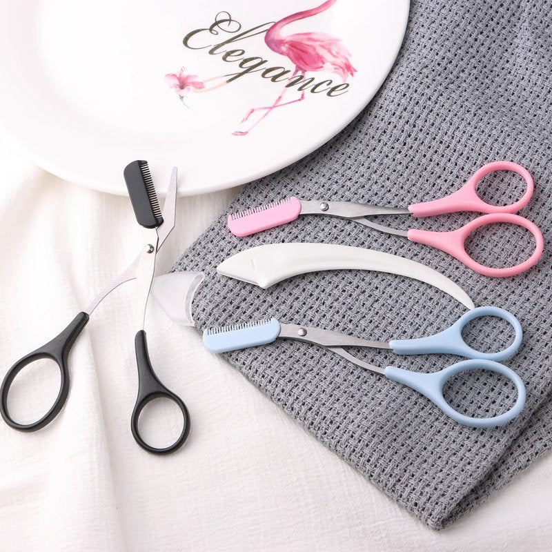 3pcs-Eyebrow Scissors with Eyebrow Razor,Professional Eyebrow Trimmer Scissors with Comb,Non Slip Finger Grips Eyebrow Trimmer, Hair Removal Beauty Accessories for Men Women (Black, Pink, Blue)