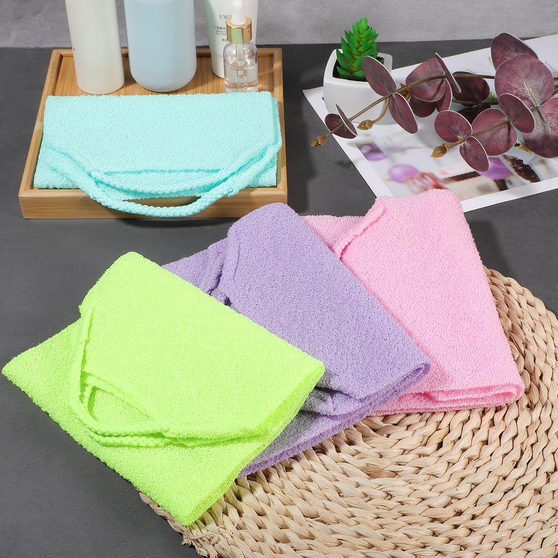 4pcs Exfoliating Back Washers Scrub with Handles Japanese Body Scrubber Cloth Towel for Shower Nylon Back Exfoliator Extended Washers Stretchable Body Bath Pull Strap for Cleans Skin Massages