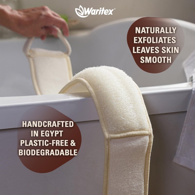 Waritex Organic Egyptian Loofah Rectangular Exfoliating Body Scrubbers - Natural Loofah Fiber Bath Pads with Hand Strap for Gentle Skin Exfoliation, Deep Clean, Shower Use for Men and Women