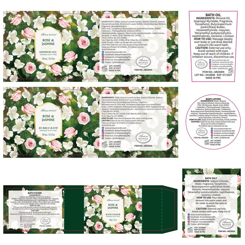 Gift Basket for Women - 8 Pc Rose & Jasmine Beauty & Personal Care Set - Home Bath Pampering Package for Relaxing - Spa Self Care Kit - Thank You, Birthday, Mom, Anniversary, Christmas Gift