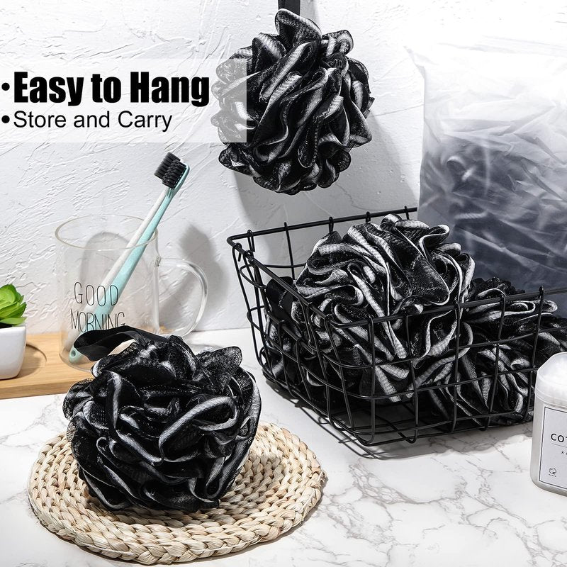 Shellwei 32 Pcs Bath Loofahs Sponge Shower Bulk 60 g for Men Black Large Charcoal Body Scrubber Mesh Shower Puff White Soft Exfoliating Pouf Balls for Women Bathing Accessories