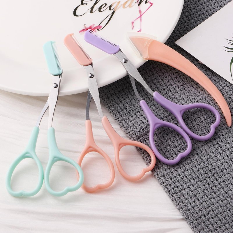 Eyebrow Scissors with Eyebrow Razor,Eyebrow Trimmer with Comb,Non Slip Finger Grips Trimmer Eyebrow Scissors, Hair Removal Beauty Accessories for Men Women (Light Pink, Green, Purple)