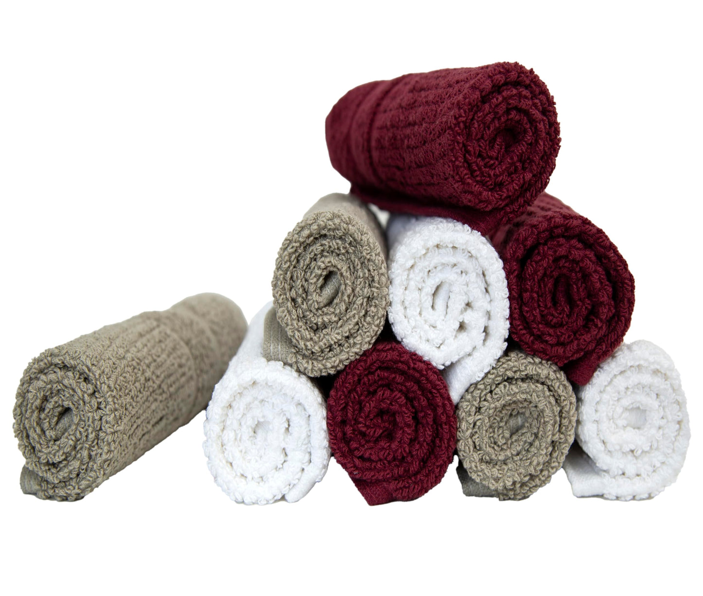 PH Pleasant Home Ribbed Wash Cloths Set - 12 Pack (12” x 12”) – 509 GSM - 100% Ring Spun Cotton Wash Cloth - Super Soft and Highly Absorbent Face Towels (Maroon, White & Tan)