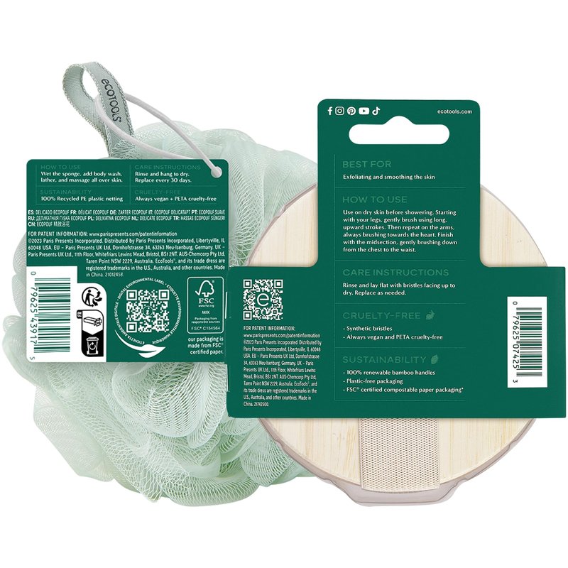 EcoTools Dry Body Brush for Circulation, Dead Skin Removal + Green Delicate EcoPouf Made with Recycled Netting for Cleansing and Exfoliating Sensitive Complexion, Self-Care Gifts