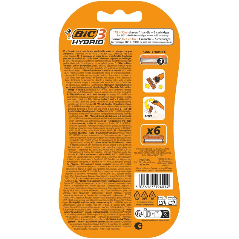 Bic 3 Hybrid Men's Triple-Blade Razors, Pack with 1 Handle + 6 Refills - Lubricating Strip with 3 Blades and Pivoting Head for a Smooth, Precise Shave