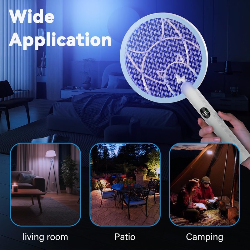 Nymrix Electric Fly Swatter Racket, 2 in 1 Mosquito Bug Zapper 4100V Max Handheld Mosquito Killer with 1800 mAh Rechargeable Battery, Purple Light and 3-Layer Safety Mesh for Indoor Outdoor Blue