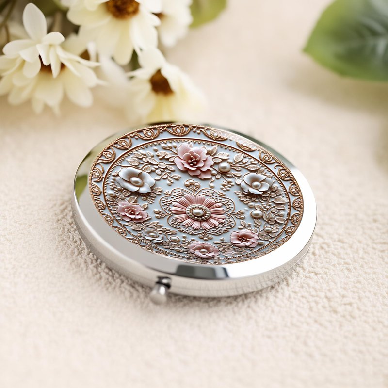 Silver Compact Mirror, 2.8x2.8inch Double-Sided Folding Makeup Mirror with Pink Floral Relief Design, Ideal Gift for Women