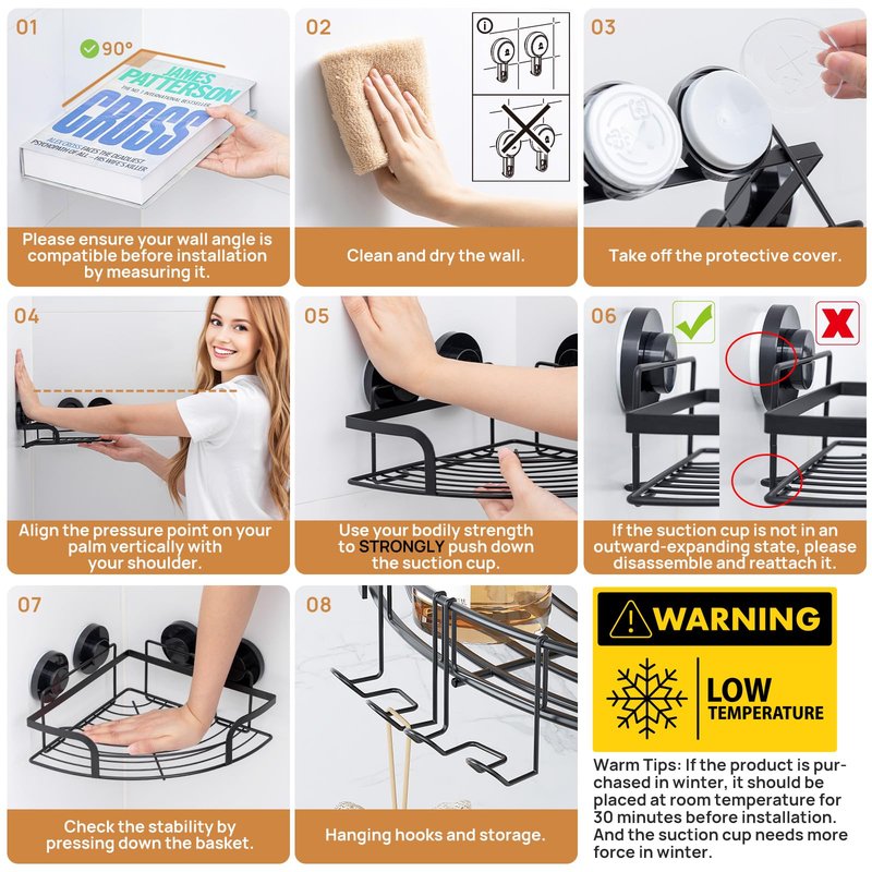 LEVERLOC 2 Pack Corner-adaptive Suction Cup Shower Caddies, Drill-Free Wall Mounted Basket, Stainless Steel Rustproof Corner Shower Shelf, Large Capacity Removable Suction Bathroom Organizer, Black