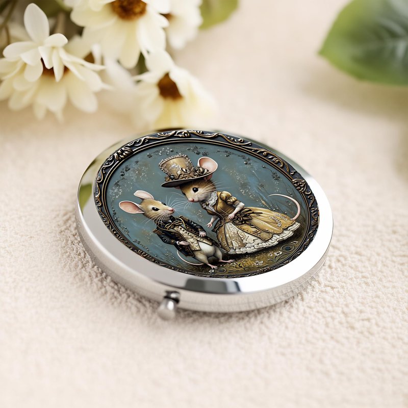 Silver Compact Mirror, 2.8x2.8inch Double-Sided Folding Makeup Mirror with Victorian Gentleman Mice Design, Ideal Gift for Women