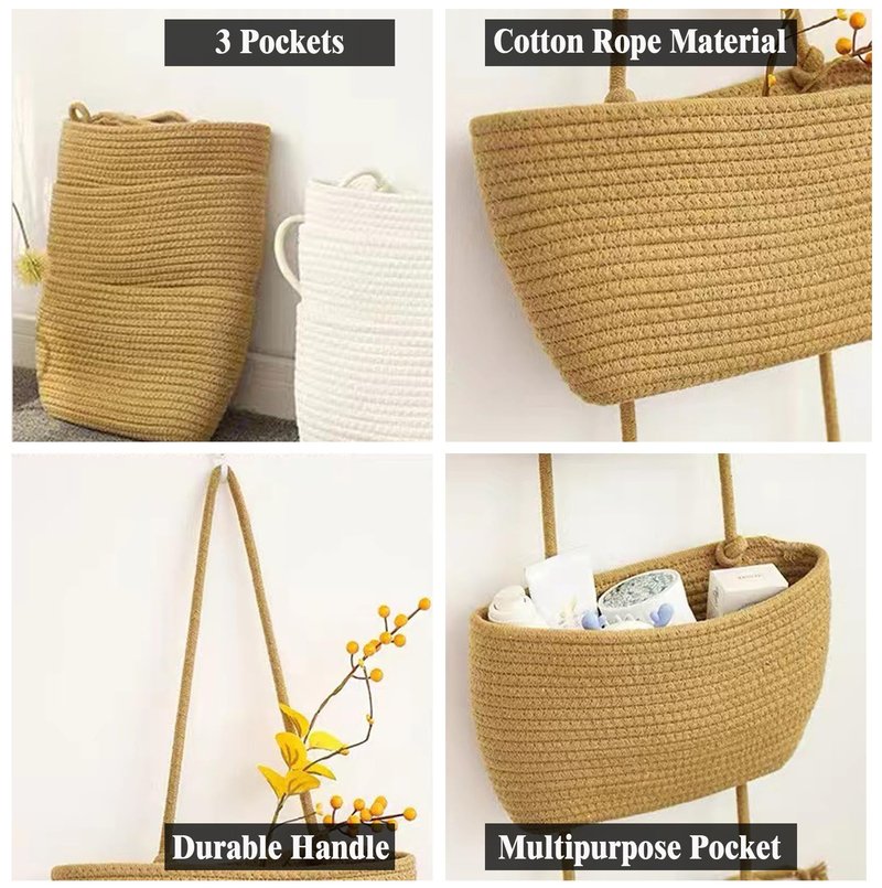 AARAINBOW Wall Hanging Cotton Baskets - Large 3 Tier Decorative Baskets for Wall, Nursery, Bathroom (B-Brown)
