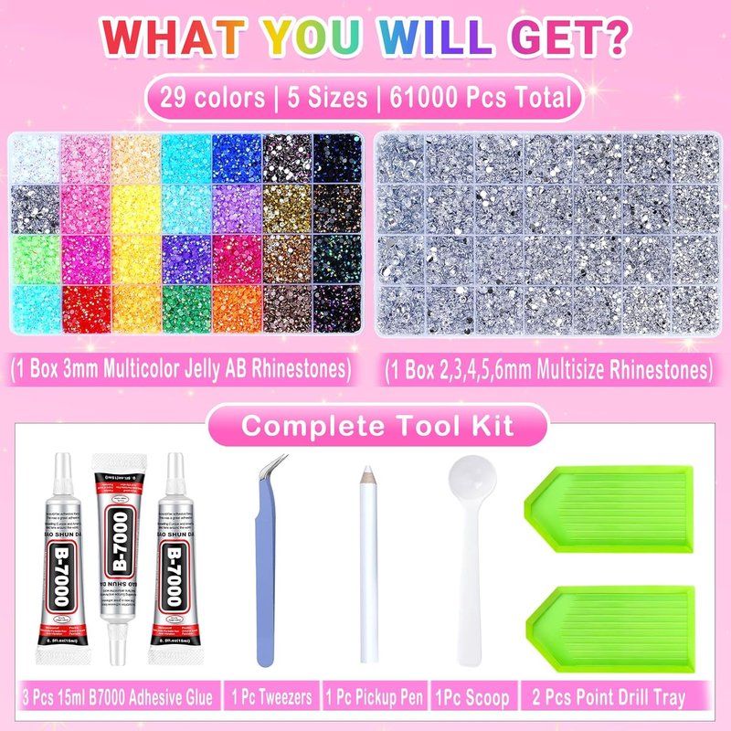 Jelly Rhinestones for Crafting - 61000 Pcs Multicolor & Silver Flatback Gems | 3mm & 2/3/4/5/6mm Sizes with 15ml B7000 Glue