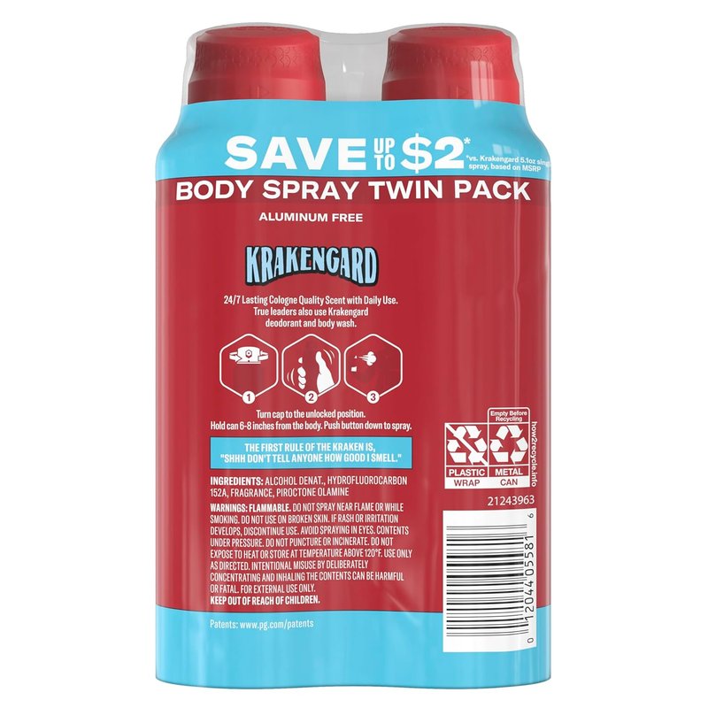 Old Spice Body Spray for Men - Aluminum Free, 24/7 Odor Protection & Lasting Freshness | Krakengard, 5.1 oz (Pack of 2)