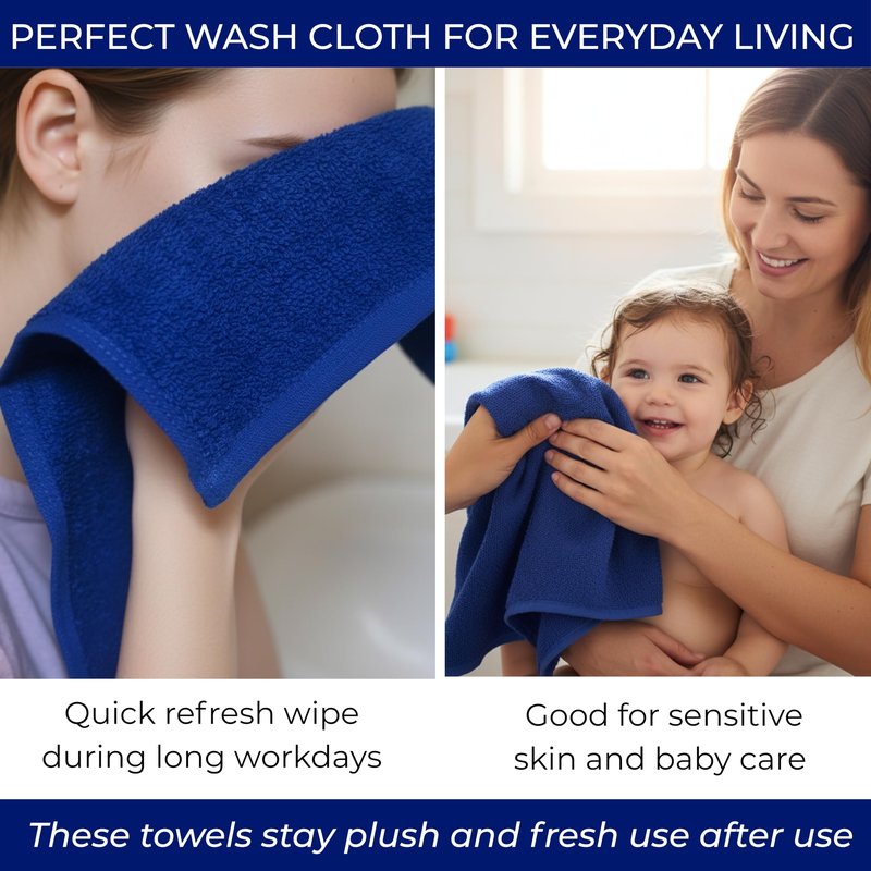 LIVINATI Navy Blue 100% Cotton Wash Cloths for Showering Body and Face - 12"X12" 6 Pack Washcloths - Small Terry Towel Bath Rags for Adults and Kids Bathroom - Soft Absorbent