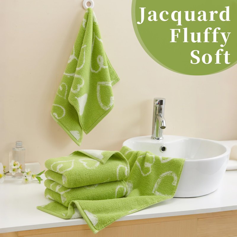VOOVA & MOVAS 4 Pcs Green Hand Towels with Heart Pattern (13"X28"),100% Cotton - Ultra-Absorbent, Quick-Dry & Lightweight | Face Towels | Soft, Plush Decoratice Towel Set