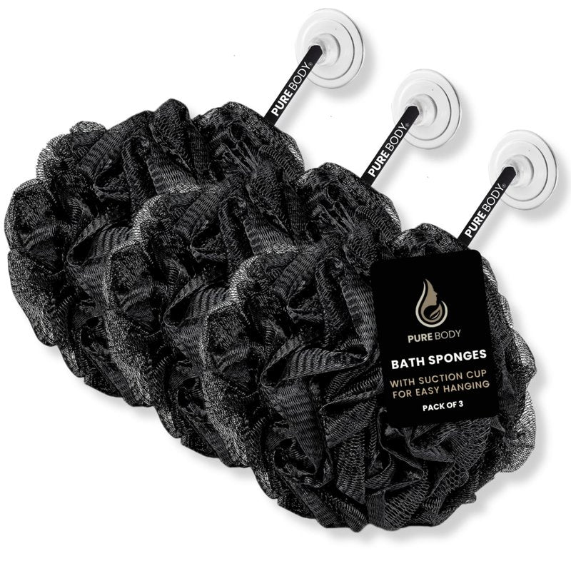 Large Black Bath Sponge, Gentle Exfoliation Mesh Sponges, Long Lasting Loofah with Suction Cup Attached, Easy Hang to Dry Pack of 3