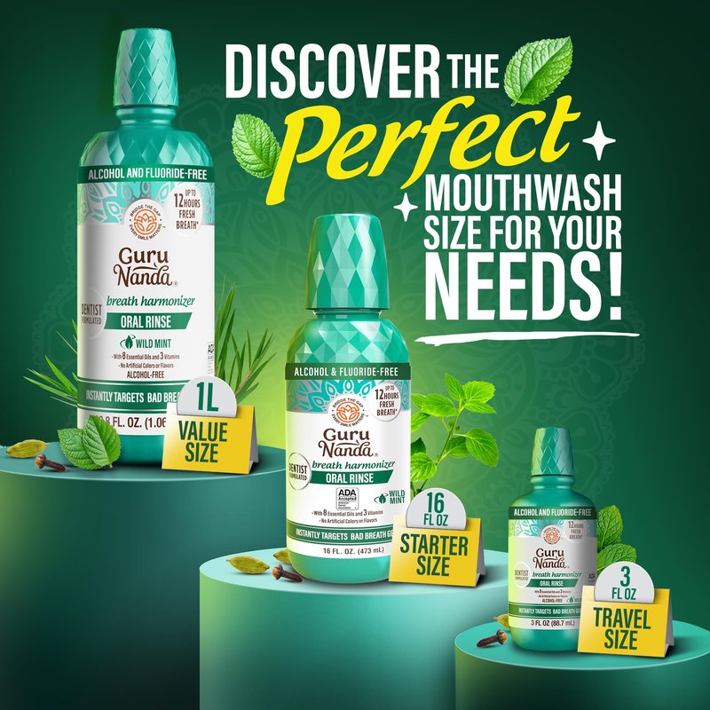 GuruNanda Fresh Breath Travel Mouthwash – 12-Hour Fresh Breath & Helps Fight Bad Breath – ADA Accepted, Alcohol & Fluoride-Free Oral Rinse, TSA Friendly – Wild Mint, 3 oz