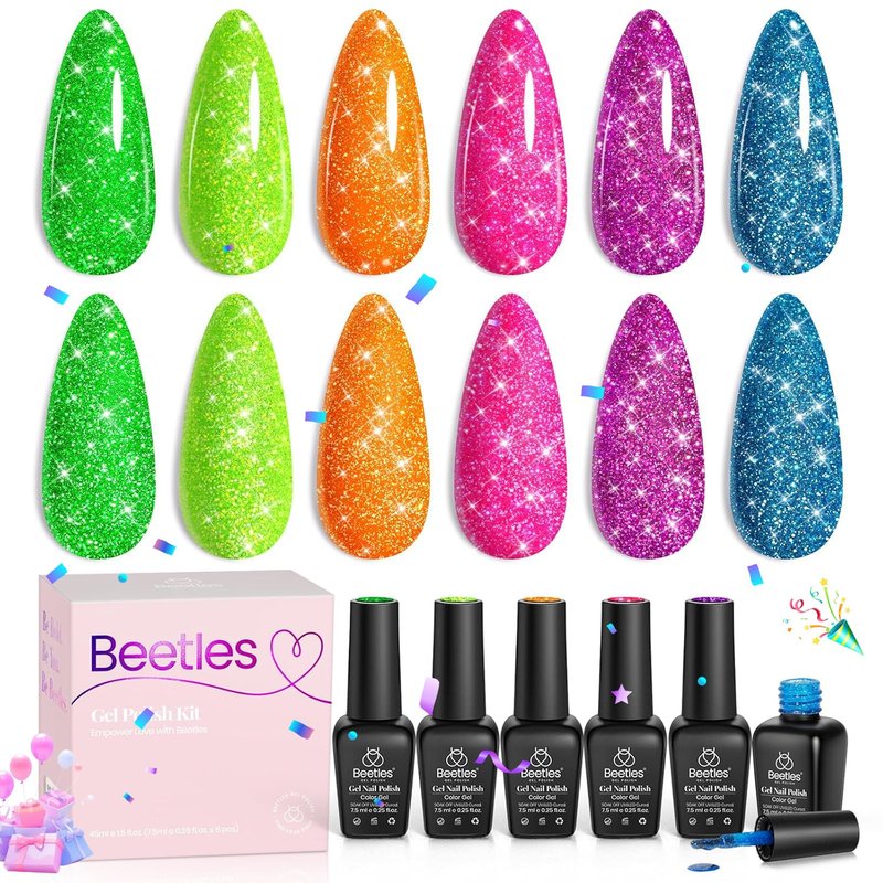 beetles Glitter Gel Nail Polish Set - Neon Carnival Reflective Summer Gel Polish, 6 Colors Pink Green Purple Blue Bright Sparkly Gel Nails Soak Off Uv Led Salon Gift for Women