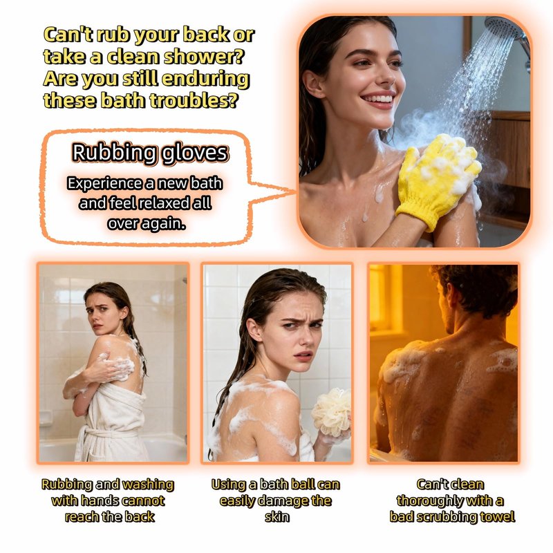 RyanDesign Exfoliating Shower Gloves, 2 Pairs Reinforced Nylon Bath Scrubbing Mitts, Orange and Yellow, One Size Fits All, Body Cleansing Massage