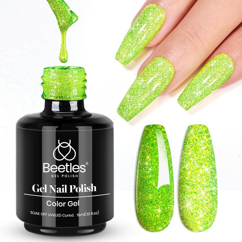 Beetles Green Glitter Gel Nail Polish - Reflective Soak Off UV LED Formula | Summer Lime Green for Nail Art & Manicure