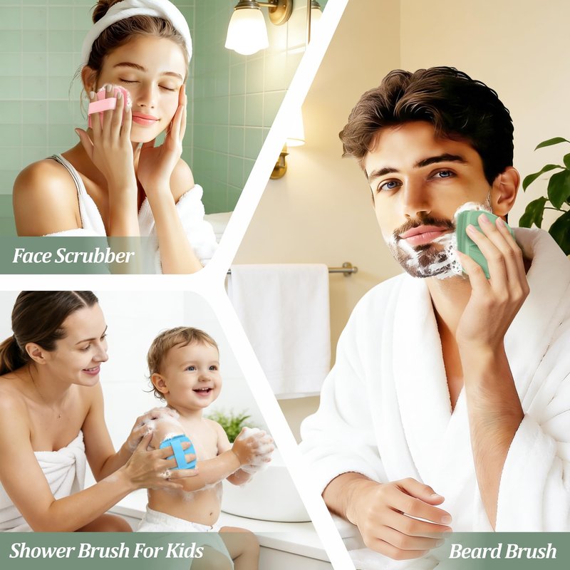 GEENOA Silicone Back & Face Scrubber & Bath Glove Set 3PCS, 13.4'' Gentle Back Scrubber with Dual-Side Head, 360° Anti-Slip Bath Glove, Unique Side-bristled Face Scrubber for All-round Cleaning(Green)