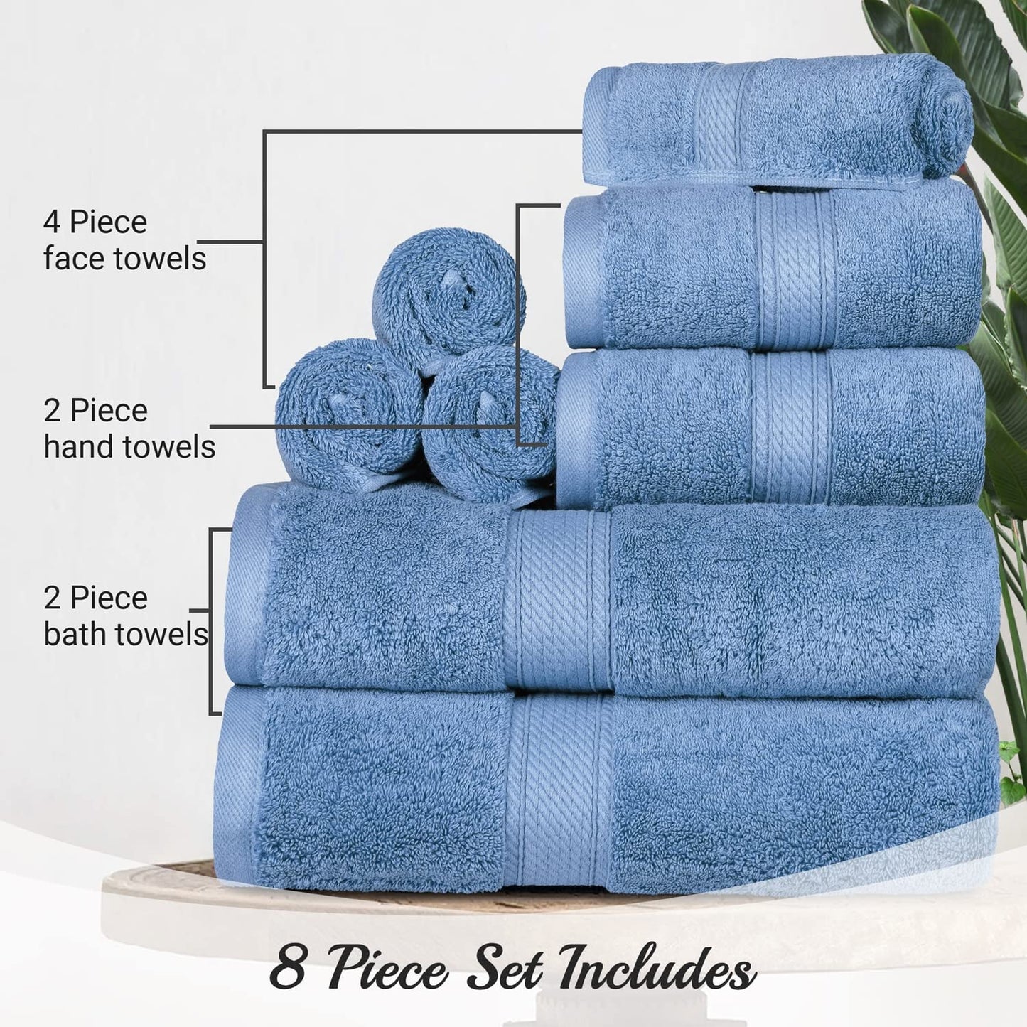 SUPERIOR Egyptian Cotton Ultra Plush & Absorbent, 8 Piece Set, Denim Blue