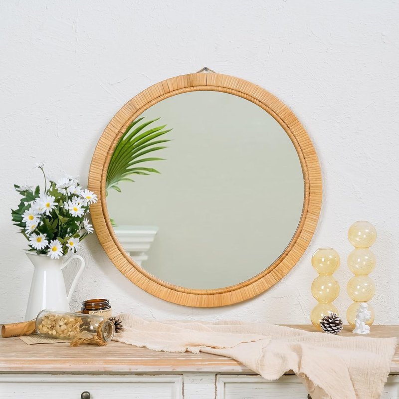 Rattan Wall Mirror - 20" Boho Round Decorative Mirror for Bathroom, Vanity & Entryway | Farmhouse Style