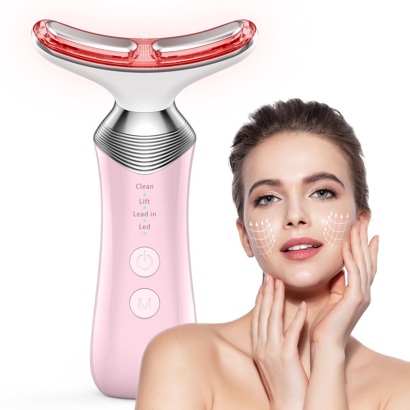 Red Light Therapy for Face Neck, 7 in 1 Facial Massager for Face and Neck, Beauty Glow Facial Massager, Pink