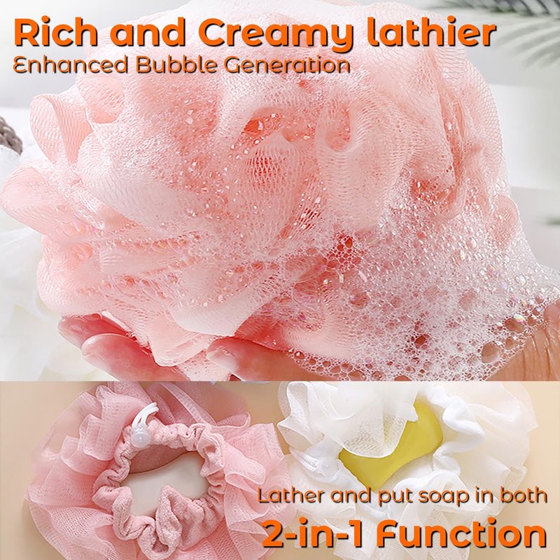 2 in 1 Loofah Sponges 2-Pack Dual-Sided Exfoliating Bath Sponges for Shower & Loofah Washcloth for Bar Soap Premium Body Scrubber with Drawstring for Gentle Skin Smoothing - Pink&Beige