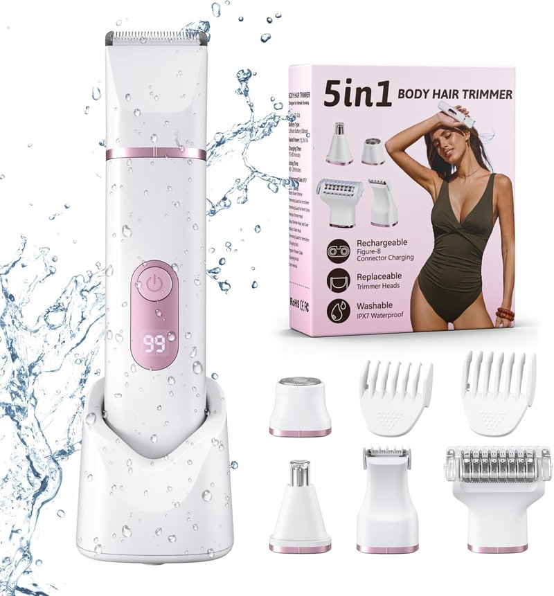 5-in-1 Bikini Trimmer for Women - IPX7 Waterproof Electric Shaver with LED Display | Rechargeable Hair Removal, 5 Ceramic Blades