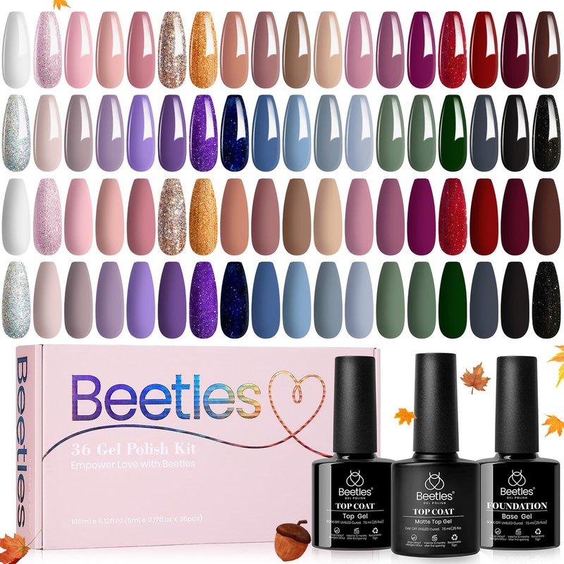 beetles Gel Polish Kit 20 Pcs Free Spirit Collection Burgundy Red Glitte Blue Gray Purple Gel Nail Polish Soak Off Glossy & Matte Top Base Coat DIY Manicure Gifts for Women