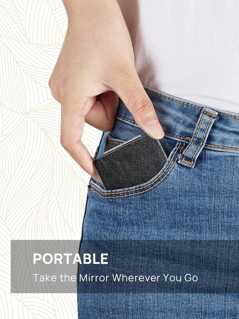 OMIRO Compact Mirror - Ultra Portable PU Leather with 1X/3X Magnification | 2.4" W x 3.4" L (Black)